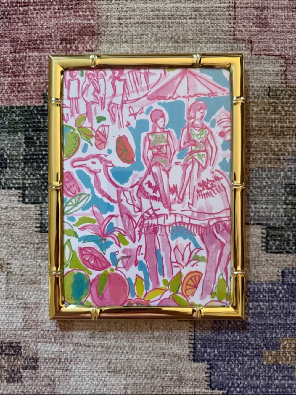 Lilly Pulitzer "desert beauties" print in gold bamboo frame. Measures 5"x7"